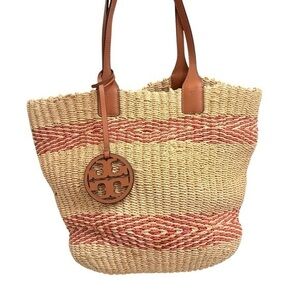 Tory Burch Miller wicker raffia straw tote bag tan and pink/red